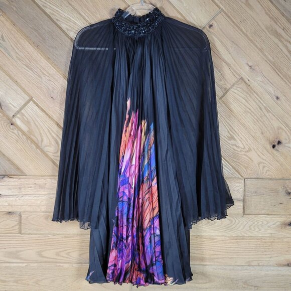 Alberto Makali Cape Dress Beaded Collar Pleated Flowy Belled Arms Size S Small - Picture 7 of 9